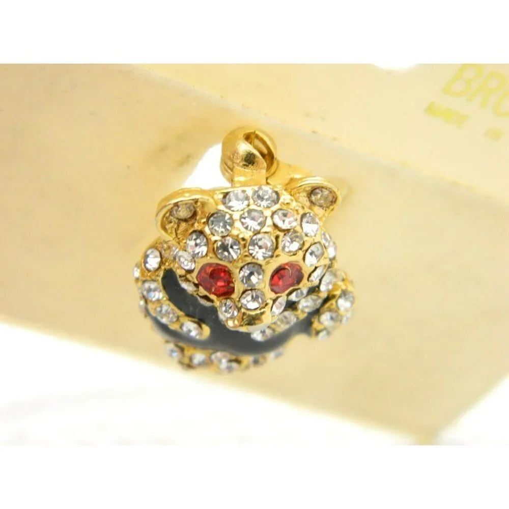 VTG Gold Tone Clear Red Rhinestone Black Enamel Panda Pin Brooch New Old Stock